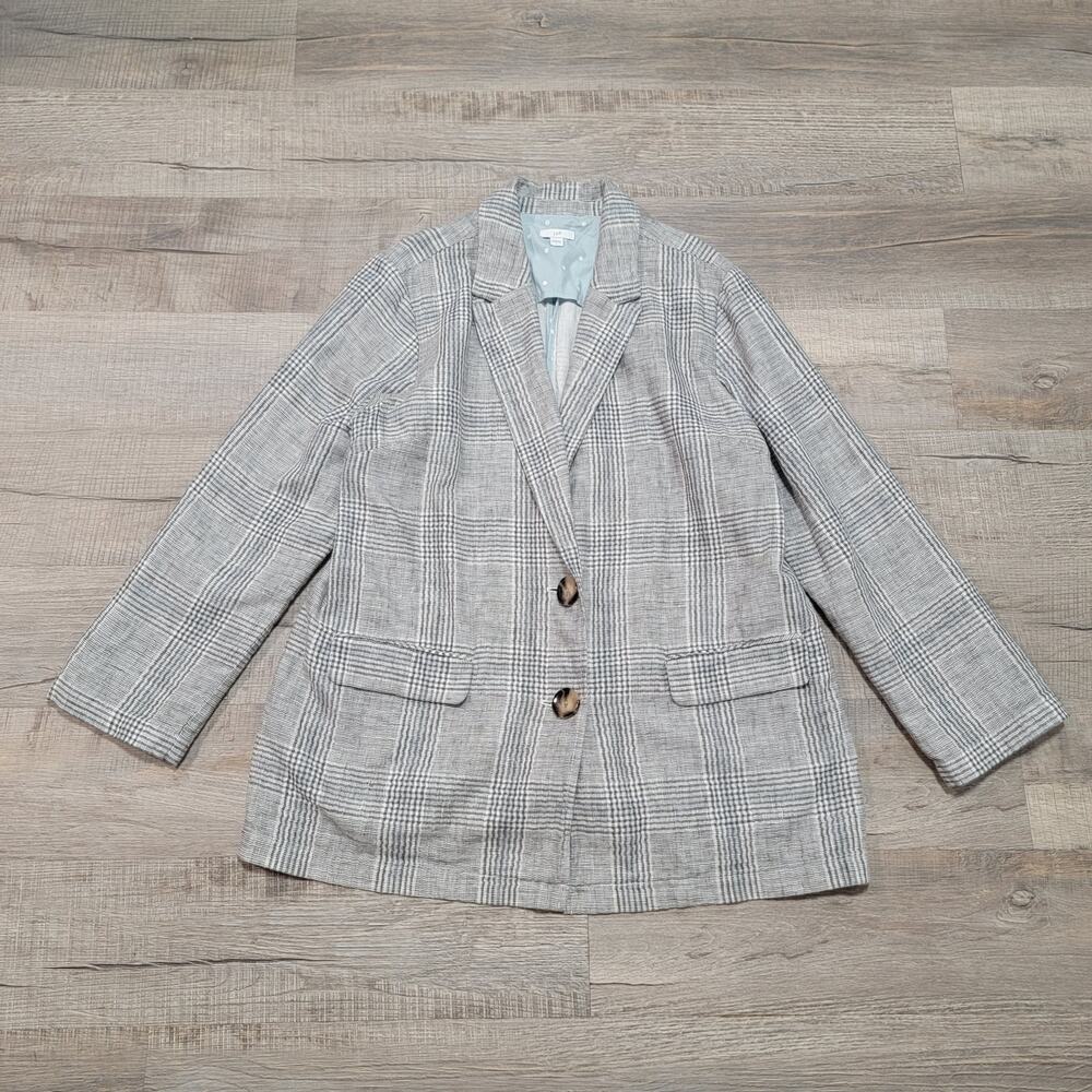 J Jill Linen Cotton Blend Blazer Jacket Size Large Plaid Oversized Relaxed Fit